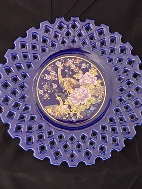 Vintage Japan Cobalt Blue Peacock Porcelain 6" Reticulated Plate Floral Lattice